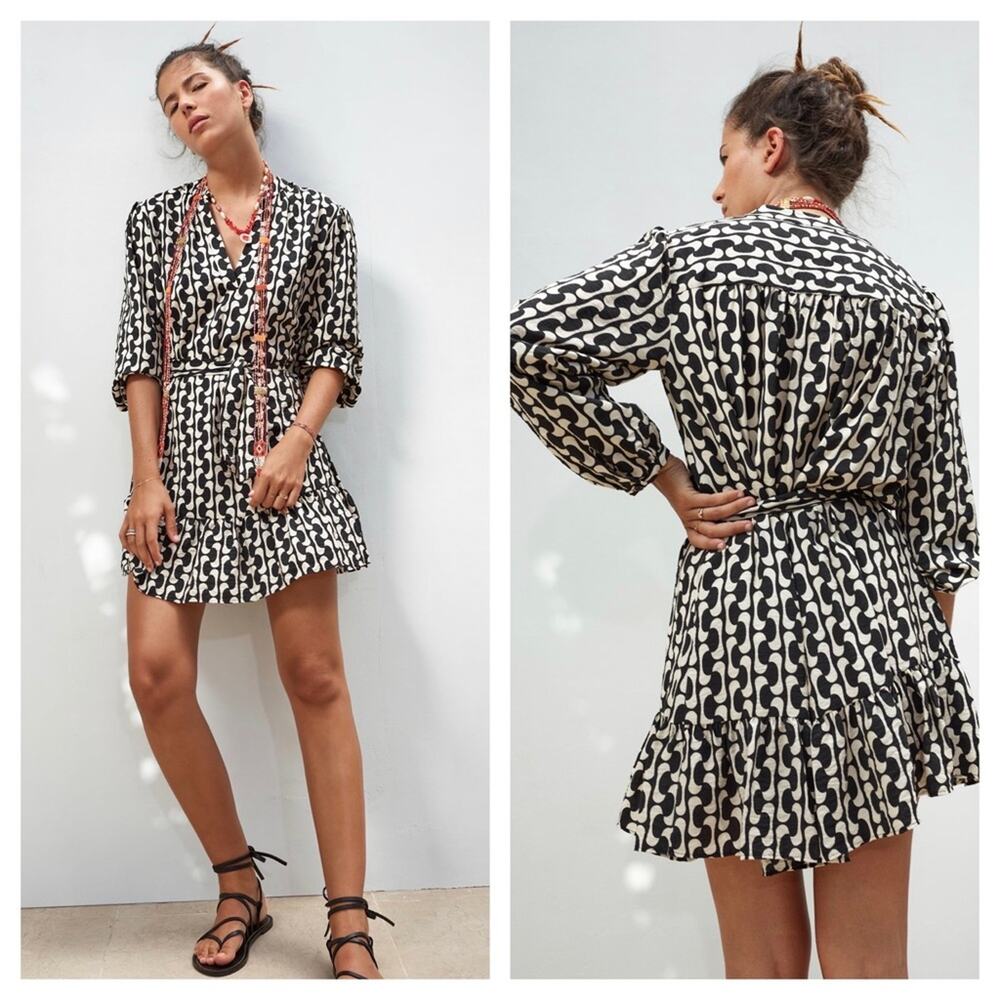 Zara Black Cream Mini Dress XS Abstract Print Ruffle Hemline 3/4th Puff Sleeves